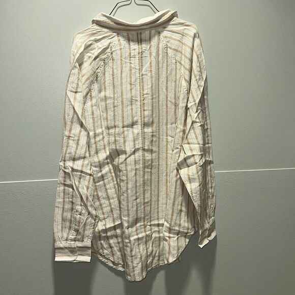 aerie XS Ivory Tan Vertical Stripe Pool-to-Party Linen Blend Cover up Shirt - Picture 17 of 17